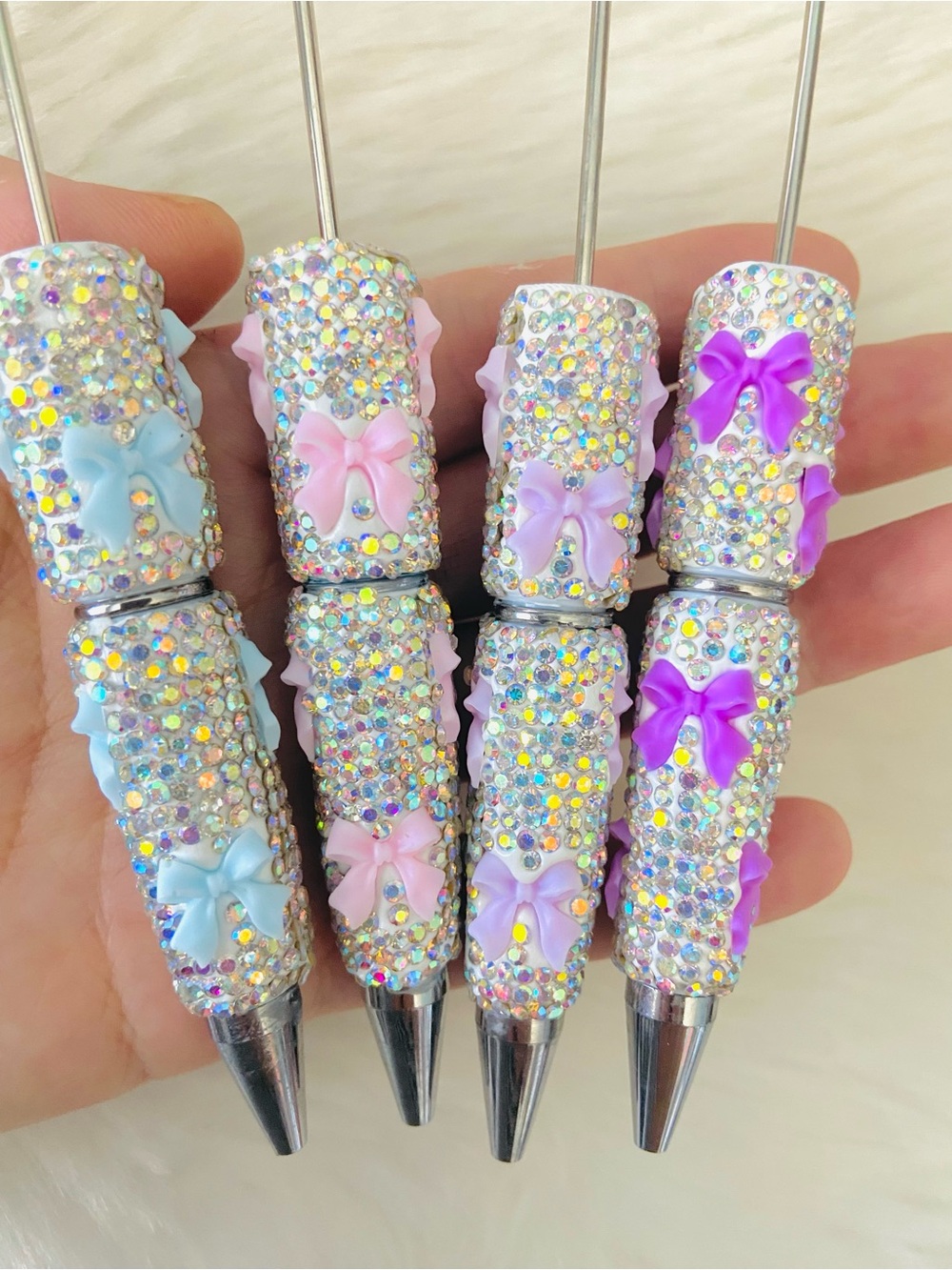 4Pc AB Crystal Bow Embellished Beadable Ballpoint Pen - Pastel Pink, Blue, Purpl